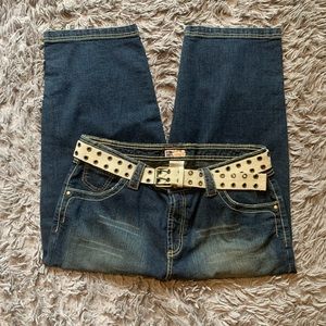 Vintage Y2K blue Faded Glory belted embroidered distressed jeans sz 16W